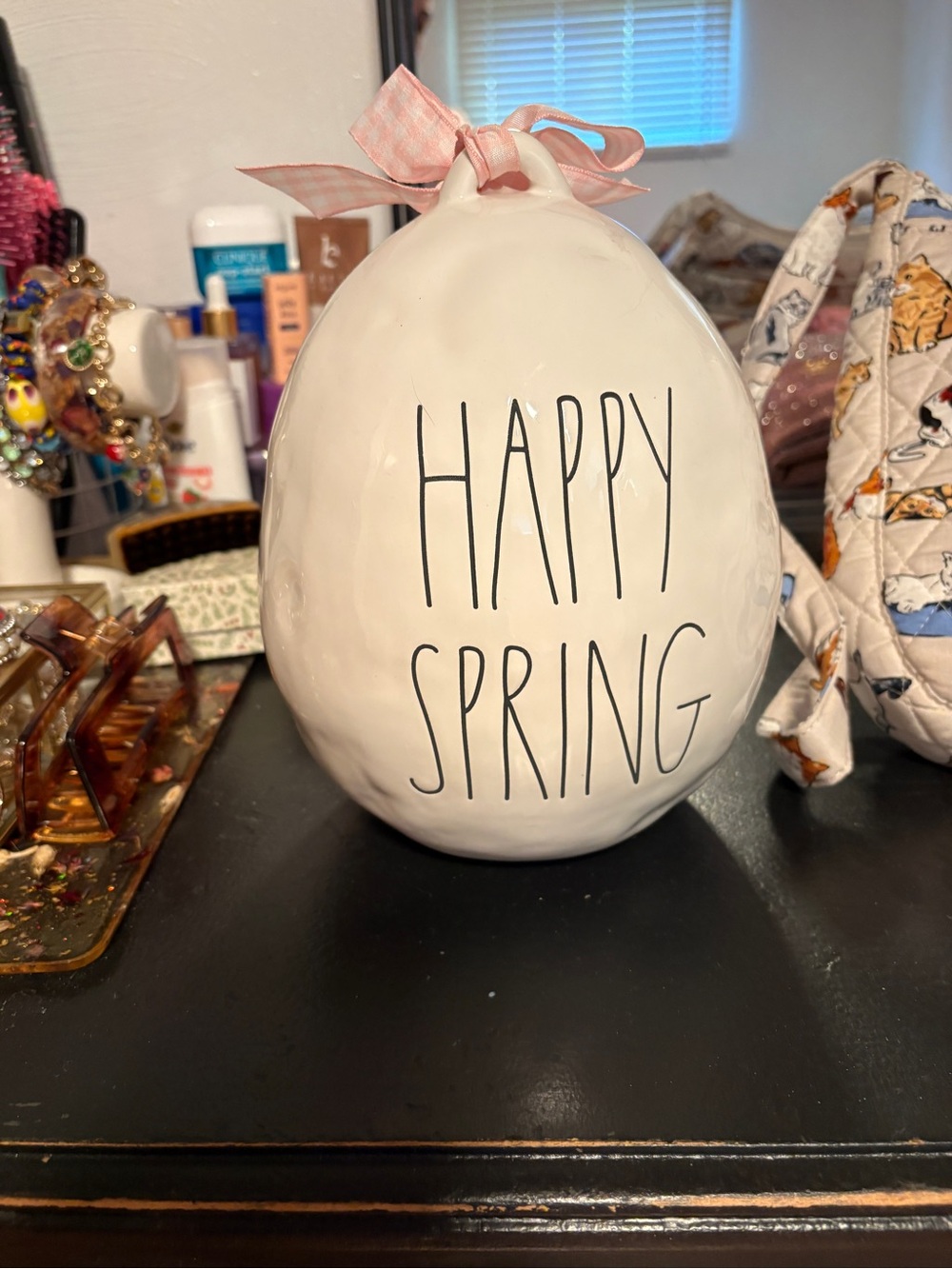 Rae Dunn White "Happy Spring" Ceramic Egg with Pink Bow